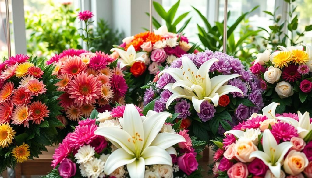 funeral wreaths with chrysanthemums, white lilies, and roses