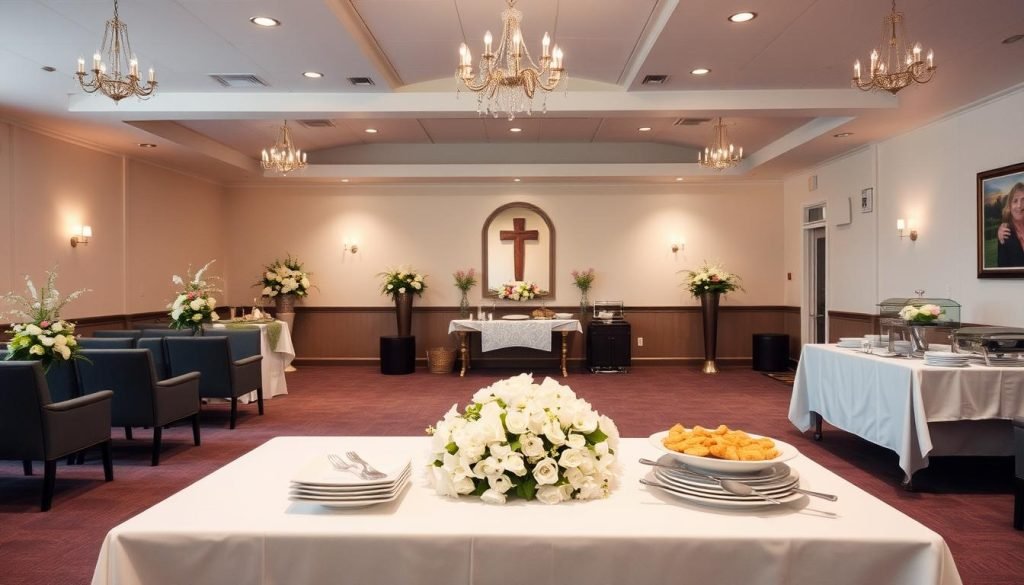 Full-service memorial arrangements showing venues for funerals and catering services